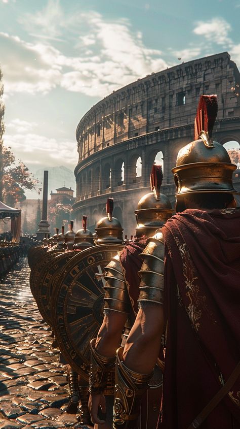 Roman Soldiers Marching: Roman soldiers in traditional armor march toward the Colosseum under a clear blue sky. #roman #soldiers #colosseum #armor #march #aiart #aiphoto #stockcake ⬇️ Download and 📝 Prompt 👉 https://stockcake.com/i/roman-soldiers-marching_640832_808494 Roman Woman Art, Roman Empire Wallpaper, Roman Empire Aesthetic, Ancient Carthage, Rome Empire, Empire Wallpaper, Roman Legionary, Greek Empire, Roman Colosseum