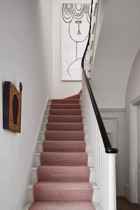 Staircase Runner Ideas, Stair Runner Ideas, Gray Stair Runner, Plum Paint, Striped Stair Runner, Victorian Apartment, Gray Stairs, Eclectic Homes, Oval Room Blue