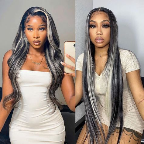 Wig With Platinum Highlights, Gray And Platinum Highlights, Black And Gray Wigs For Black Women, Black And Silver Lace Front Wig, Grey Hair Styles For Black Women, Black Grey Hair Highlights, Black Wig Grey Highlights, Light Brown Streaks On Black Hair, Silver On Black Hair