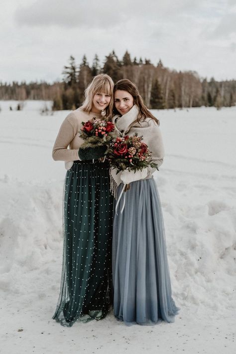 Mismatched Witer Bridesmaids | A Fairytale Winter Wedding in the Slavkov Forest - Chic Vintage Brides Mountain Wedding Bridesmaids, Skirt Photography, Asos Bridesmaid Dress, Winter Mountain Wedding, Nontraditional Wedding Dress, Winter Bridesmaids, Winter Bridesmaid Dresses, Snow Wedding, Chic Vintage Brides