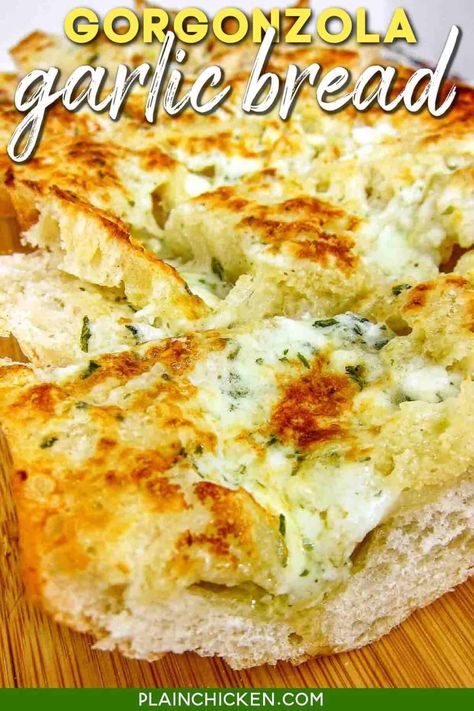 Gorgonzola Garlic Bread (The BEST Garlic Bread) - Plain Chicken Gorgonzola Garlic Bread, Blue Cheese Garlic Bread, Recipes With Gorgonzola Cheese, Recipes With Garlic Bread, Gorgonzola Bread, Recipes With Garlic, Gorgonzola Butter, Copycat Meals, Easy Entrees