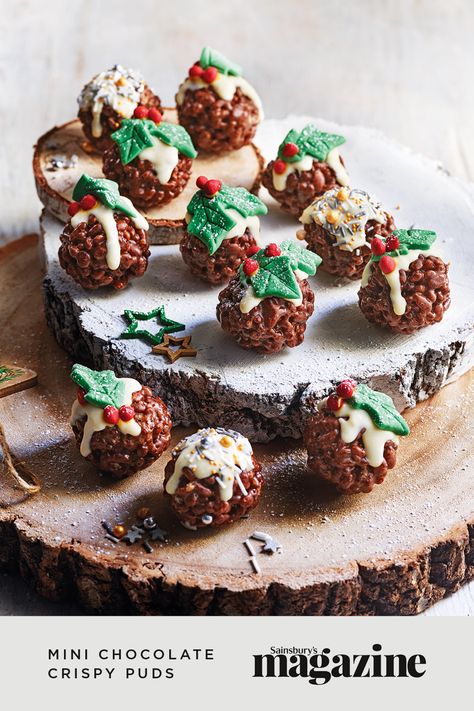 Rice Crispy Cakes, Crispy Cakes, Magazine Recipe, Christmas Bakes, Christmas Pudding Recipes, Xmas Treats, Gluten Free Christmas, Christmas Sprinkles, Chocolate Christmas