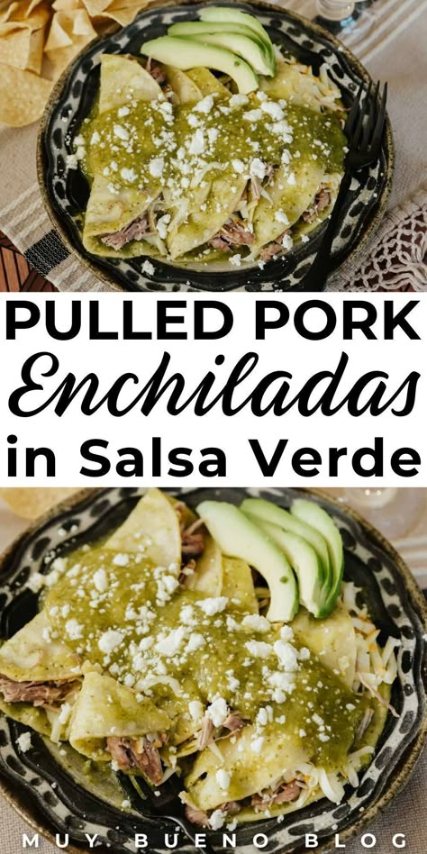 Pulled pork enchiladas in salsa verde are so easy to make and packed with flavor. These pork enchiladas are great for a quick lunch or dinner that everyone will love. These enchiladas are filled with tender pulled pork and plenty of salsa verde for a delicious Mexican meal everyone will enjoy. Try these simple pulled pork enchiladas today! Pork Tortillas, Simple Pulled Pork, Recipe For Pulled Pork, Pulled Pork Enchiladas, Pork Enchiladas, Easy Pulled Pork, Salsa Verde Recipe, Mexican Flavors, Recipes With Enchilada Sauce