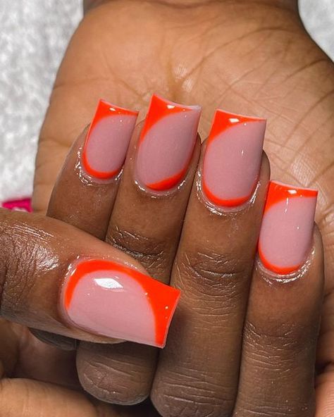 Cute Simple Orange Nails, Nails With Pink Base, Short Orange Nail Designs, Short Orange Acrylic Nails, Orange Tip Nails, Orange Short Nails, Orange Nails Short, Short Orange Nails, Princess Hands