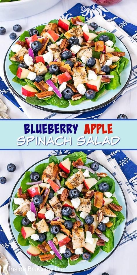 Blueberry Apple Spinach Salad - fresh blueberries and apples make this spinach salad fruity and delicious. Set out bowls of toppings and let everyone create their own salad creation for dinner. Spinach Blueberry Salad, Ramen Noodle Salad Recipes, Salad Recipes With Italian Dressing, Winter Pasta Salad Recipes, Recipes With Italian Dressing, Winter Pasta Salad, Salad Recipes Keto, Apple Spinach Salad, Recipes Ramen