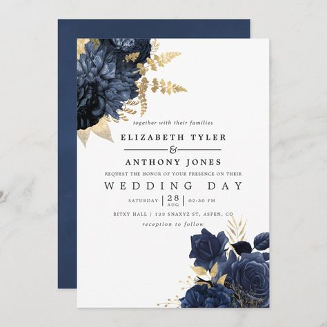 Navy Blue and Gold Vintage Shabby Roses Wedding Invitation Size: 5" x 7". Gender: unisex. Age Group: adult. Material: Matte. Navy Champagne Wedding, Champagne And Blue Wedding, Blue Gold Wedding Invitation, Wedding Invitations Champagne, Navy Blue Wedding Theme, Navy And Gold Wedding, Navy Gold Wedding, Navy Blue And Gold Wedding, Champagne Wedding Colors