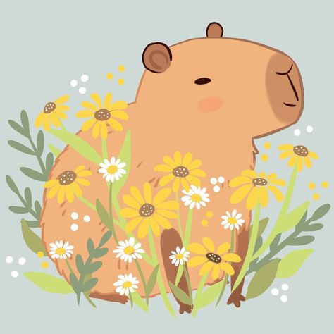 Cute capybara with yellow and white daisy flowers illustration Animals With Flowers Drawing, Capybara Cute Drawing, Cute Capybara Drawing, Capybara Drawing, Capybara Illustration, Dog Beanie, Cute Capybara, Flowers Illustration, Daisy Flowers