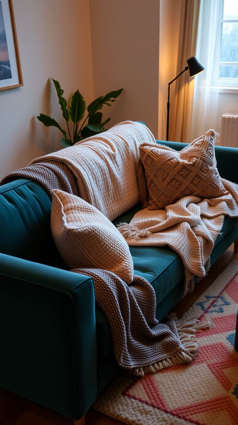 teal couch living room Teal Couch Living Room, Teal Couch, Relaxation Space, Beige Couch, Teal Pillows, Couch Living Room, Living Room Plants, Couch Decor, Feel Like Home