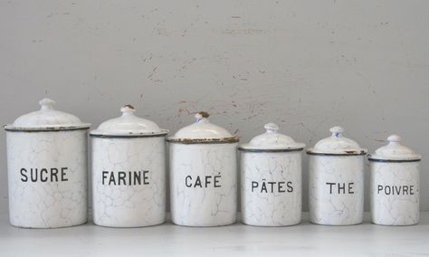 vintage french canister set White Kitchen Canisters, Vintage Canisters, Shot Glass Set, Black Writing, Green Rings, Storage Canisters, Kitchen Canisters, French Decor, Kitchen Decor Items