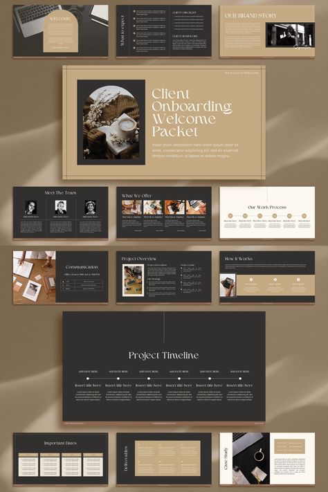 Enhance your client onboarding process with LEONE presentation slides featuring elegant and captivating visuals, guiding your clients through each step to ensure a seamless experience. Elevate your client interactions today and transform your onboarding process into an impactful experience. Perfect for coaches, consultants, photographers, interior design studio and other service-based businesses that embrace sophisticated or minimalist aesthetics. Download instantly on Etsy. #clientwelcomepacket Interior Design Proposal Presentation, Interior Design Website Template, Client Onboarding Template, Newsletter Content Ideas, Booklet Ideas, Arch Illustration, Free Business Logo, Client Board, Client Onboarding