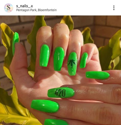 4 20 Nails, Pot Leaf Nails, Fun Green Nails, Teen Nails, Green Acrylic Nails, Purple Acrylic Nails, Punk Nails, Nail Art For Beginners, Edgy Nails