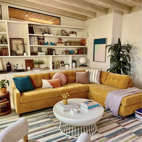 Joybird Furniture Living Rooms, Beachy Boho Living Room, Desert Living Room, House Beautiful Living Rooms, Yellow Couch, Modern Style Living Room, Colorful Apartment, Sleeper Sofas, Hotel Room Design