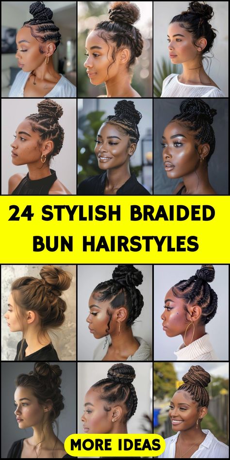 Unveil 24 stunning braided bun hairstyles that provide both protection and style. These buns are designed to be as functional as they are beautiful, perfect for any event. Braids With A Bun For Black Women, Braids And Buns Hairstyles Black, Braided Bun For Black Women, Feed In Braids Bun, Braids Into A Bun, Braided Updo Hairstyles, Braided Bun Styles, Small Cornrows, Box Braids Bun