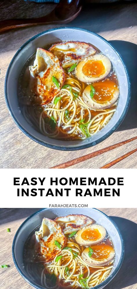 2 photos of homemade instant ramen noodle soup served in a grey bowl, topped with jammy ramen egg and sliced turkey breast. Next to the bowl is a pair of wooden chopsticks, and a wooden ladle. The bottom photo is a closeup of the bowl of ramen. Diy Instant Ramen Seasoning, Best Ramen Broth Recipe, Simple Ramen Broth, Quick Ramen Broth, Easy Ramen Broth, Homemade Instant Ramen, Easy Ramen Recipes, Ramen Broth Recipe, Homemade Ramen Broth