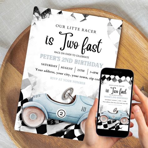 Editable TWO Fast Birthday Invitation Race Car 2nd Birthday Invite Racing Car Vintage Racecar Printable Template Instant Download Two Fast, Two Fast Birthday Invitation, 2nd Birthday Invite, Two Fast Birthday, Car Vintage, Birthday Invite, Racing Car, Download Fonts, Race Car