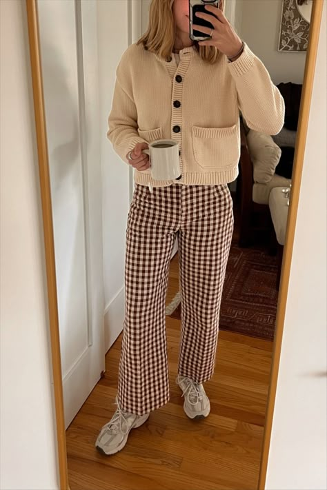 Printed Straight Pants curated on LTK Outfits In My 30s, Lab Friendly Outfits, Casual Work Style Women, Iep Meeting Outfit, Anthropology Inspired Outfits, Practical Cute Outfits, Cottagecore Business Outfit, Winter 2025 Outfits Casual, Brown Gingham Pants Outfit