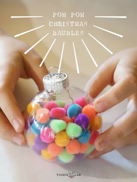 Make these easy Christmas baubles with pom poms and clear acrylic balls. So fun and easy for kids of all ages. Pom Pom Christmas, Christmas Ideas For Boyfriend, Christmas Pom Pom, Easter Tree Ornaments, Easy Ornaments, Grinch Christmas Party, Boyfriend Crafts, Kids Christmas Ornaments, Bauble Ornaments