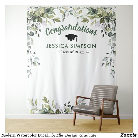 Modern Watercolor Eucalyptus Photo Booth Backdrop #graduationideas #graduationstationery #graduationparty #graduationcelebration #graduation #graduationcards #zazzle #zazzlemade #printondemand #customstationery #invitationtemplate #partyinvitation #partydecor #partydecorations #customgifts #holidaycards Grad Photo Backdrop, Graduation Photo Backdrop, Eucalyptus Photo, Backdrop Graduation, Graduation Photo Booth Props, Graduation Party Backdrops, Graduation Photo Booth, Gold Graduation Party, Party Photo Backdrop