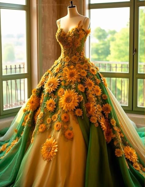 Sunflower Prom Dress, Sunflower Wedding Dress, Sunflower Gown, Sunflower Dresses, Sunflower Dress, Pretty Wedding Dresses, Fantasy Dresses, Dream Wedding Ideas Dresses, Prom Dress Inspiration