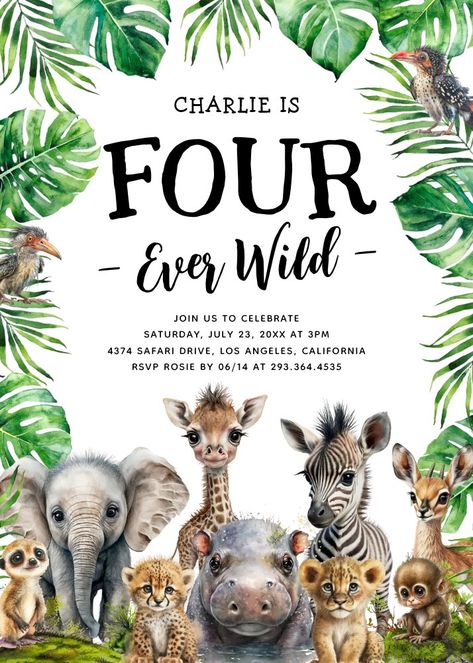 Four Ever Wild Safari 4th Birthday Party Invitation Four Ever Wild, 4th Birthday Party, Wild Safari, Jungle Birthday, Safari Birthday, Birthday Invitations Kids, 4th Birthday Parties, Birthday Party Invitation, 4th Birthday