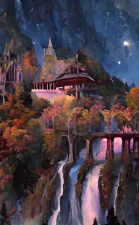 Rivendell night Rivendell Home Decor, Rivendell Art, Rivendell Wallpaper, Lord Of The Rings Rivendell, Rivendell Aesthetic, Lord Of The Rings Landscape, Rivendell Painting, Rivendell Concept Art, Lotr Landscape Art