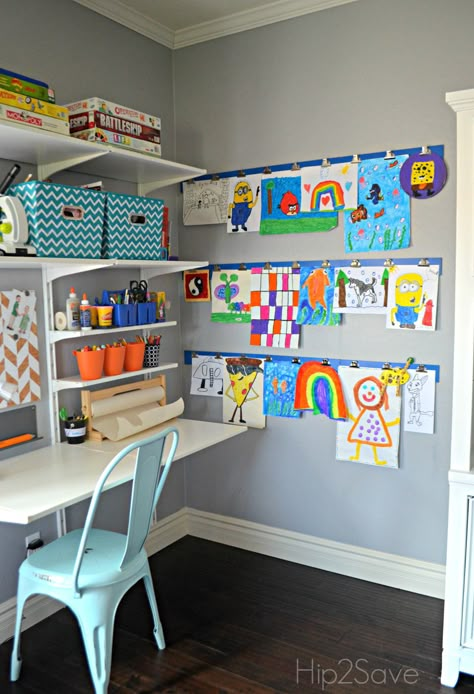 Display Kids Art at Home Playroom Art Display Wall, Displaying Kids Artwork Diy, Artwork Display Wall, Kids Art Area, Displaying Childrens Artwork, Kids Nook, Kids Art Space, Art Display Wall, Diy Kids Art