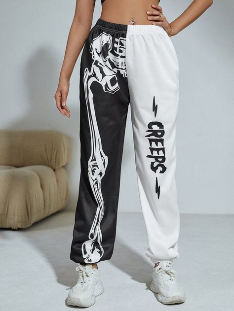 Free Returns ✓ Free Shipping On Orders $49+ ✓. Halloween Letter & Skeleton Print Two Tone Sweatpants- Women Sweatpants at SHEIN. Halloween Sweatpants, Skeleton Sweatpants, Skeleton Pants, Black And White Sweatpants, Honda Scrambler, Women Sweatpants, Skeleton Halloween Costume, Sweatpants Women, Halloween Clothes