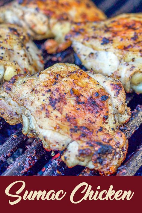 Barbecued Sumac Chicken, the sumac in the marinade lends a beautiful, tanginess, along with other great flavors like garlic, thyme, lemon, and olive oil. #sumacchicken #grilledchicken #sumac #hildaskitchenblog Chicken With Sumac Recipe, Middle Eastern Grilled Chicken, Chicken Sumac Recipe, Sumac Chicken Recipes, Turkish Chicken Recipes, Sumac Seasoning, Low Carb Grilled Chicken, Sumac Chicken, Sumac Recipes