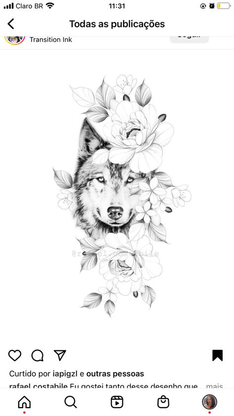 Wolf And Flower Tattoo Design, Wolf Flower Tattoo Women, Wolf Flowers Tattoo Design, Feminin Wolf Tattoo, Floral Wolf Tattoo For Women, Wolf Floral Tattoo Design, Wolf With Flowers Drawing, Husky Flower Tattoo, Flower Wolf Tattoo