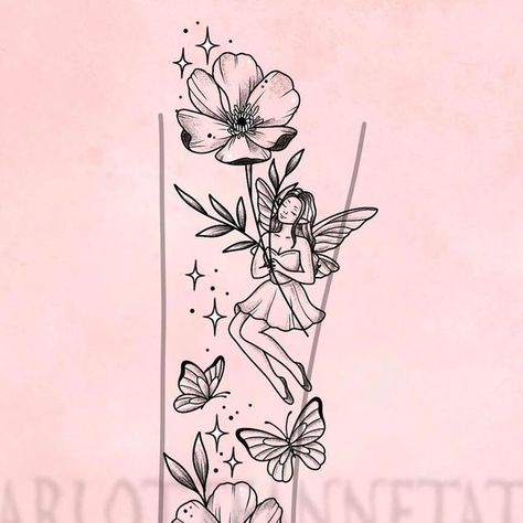 Fairy Flower Tattoo, Flower Fairy Tattoo, Fairy Tattoo, Cute Fairy, Flower Fairy, Tattoo Ink, Tattoo Style, Flower Tattoos, Flash Tattoo