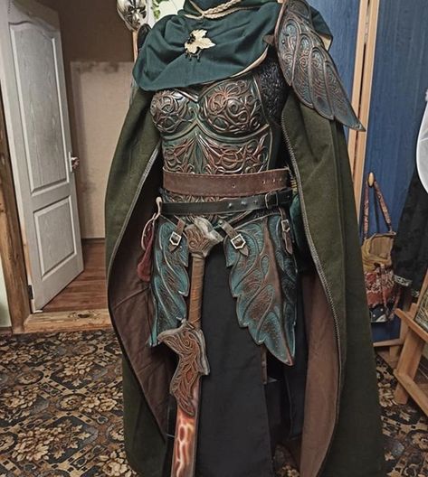 Elvish Costume Women, Warrior Elf Cosplay, Fae Warrior Armor, Druid Leather Armor, Ren Fair Armor, Wood Elf Armor, Elven Clothing Women, Elf Warrior Female Costume, High Elf Cosplay