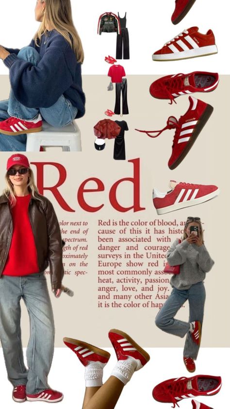 Outfits With Red Tennis Shoes, How To Style Red Sneakers, Red Gazelles Outfit, Red Trainers Outfit Women, Adidas Samba Red Outfit, Outfit Zapatillas Rojas, Zapatillas Rojas Outfit, Red Samba Outfit, Red Trainers Outfit