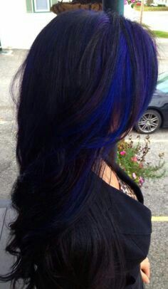 Dark electric blue highlights Blue And Black Hair, Black Hair Tips, Peekaboo Hair Colors, Peekaboo Highlights, Black Wavy Hair, Blue Black Hair, Peekaboo Hair, Purple Highlights, Black Hair With Highlights