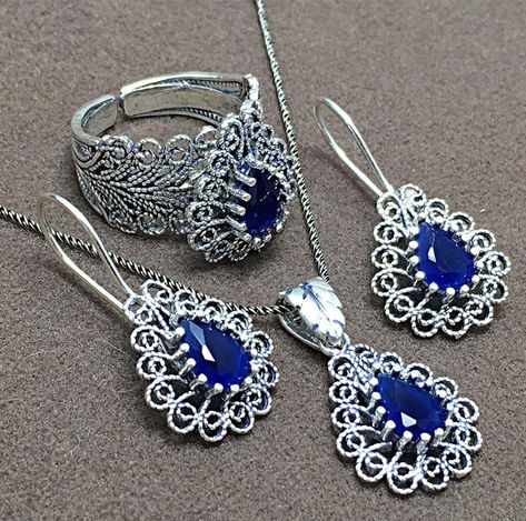 Filigrana Jewelry, Handmade Silver Jewellery, Filigree Jewelry, Fine Silver Jewelry, Silver Jewellery Sets, Ruby Sapphire, Exclusive Jewelry, Sapphire Jewelry, Design Set