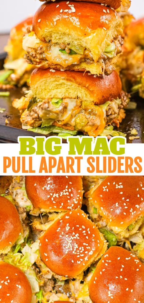 Big Mac Sloppy Joe Sliders, Sliders Recipes Hawaiian Rolls Ground Beef, Hawaiian Roll Sliders Big Mac, Cheese Burger Hawaiian Roll Sliders, Big Mac Cheeseburger Sliders, Big Mac Sliders With Thousand Island, Copycat Big Mac Sliders, Potluck Sliders Easy Recipes, Sliders With Soup