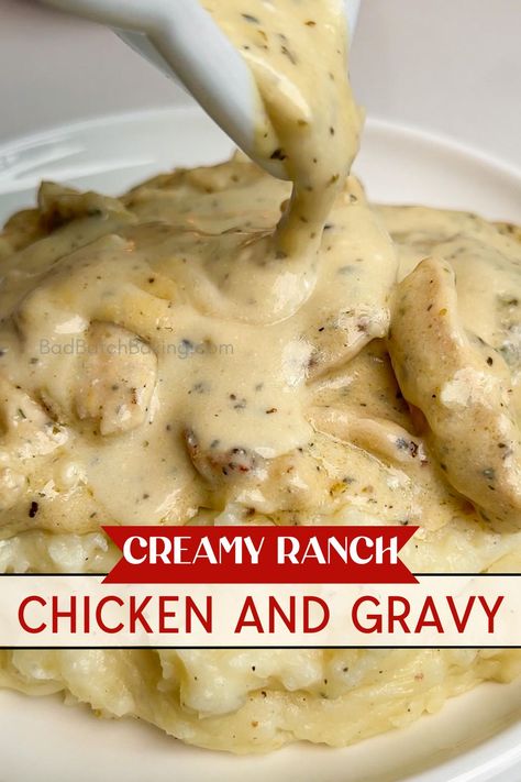 creamy ranch chicken and gravy Ranch Smothered Chicken, Creamy Ranch Sauce For Chicken, Oven Baked Chicken With Gravy, Creamy Chicken Dinner, Creamy Ranch Chicken, Chicken And Gravy, Batch Baking, Buttery Mashed Potatoes, Braised Brisket