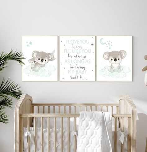 Koala nursery, mint nursery, moon and stars, mint green nursery art, nursery prints animals, gender neutral nursery, koala mother and baby Nursery Moon And Stars, Mint Green Nursery, Pink Nursery Art, Koala Nursery, Nursery Decor Green, Navy Nursery, Mint Nursery, Baby Room Wall Decor, Nursery Frames