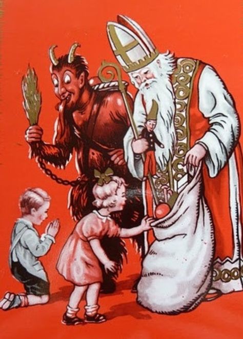 As you can see, Saint Nick was depicted as the one that brought the good children bags of toys. Whew, I'm totally grossed out by the boy praying for forgiveness to Krampus, Saint Nick's evil sidekick. Bad Santa, Creepy Christmas, St Nicolas, Saint Nicolas, Saint Nicholas, Most Haunted, Father Christmas, Vintage Magazine, Mythical Creatures