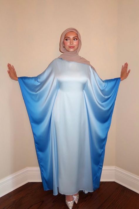 It is the fourth abaya I order in this model I love it because the fabric is fresh and they look amazing! Of excellent quality Butterfly Suit Design, Light Blue Hijab Outfit, Outfits For Ramadan, Butterfly Abaya Design, Blue Abaya Outfit, Modern Muslim Women Fashion, Spider Persona, Muslim Fashion Abayas, Somali Clothes