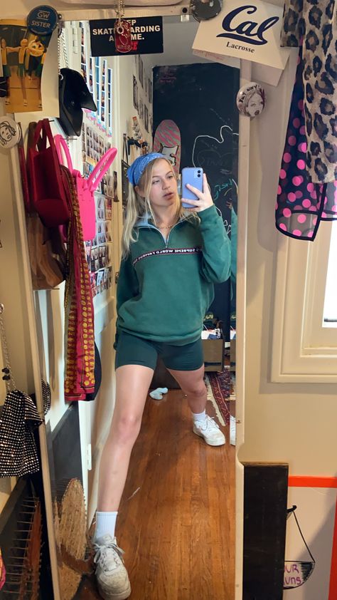 #green #streetstyle #bikershorts #supreme #bandana #blone #layered #mirror #monochrome Green Biker Shorts Outfit, Layered Mirror, Green Biker Shorts, Green Monochrome, Hair Bandana, Biker Shorts Outfit, Voluminous Hair, Shorts Outfit, Bandana Hairstyles