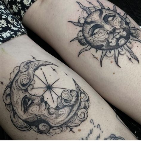 Thigh Witchy Tattoos Women, Goth Ghost Tattoo, Large Witchy Tattoos, Matching Sister Tattoos Sun And Moon, Celestial Knee Tattoo, Knee Moon Tattoo, Ethereal Tattoos Thigh, Matching Tattoos Opposite Aesthetic, Dream Tattoos For Women