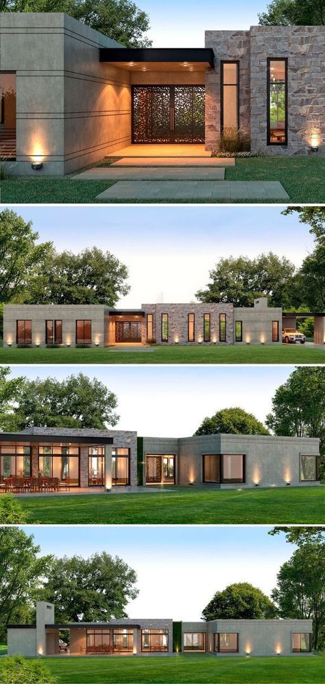 One Floor House Design Modern, Curb Appeal Landscaping, Architecture Contemporary, Plan Architecture, Flat Roof House, Casa Country, Modern Bungalow House, Modern House Facades, Modern Bungalow