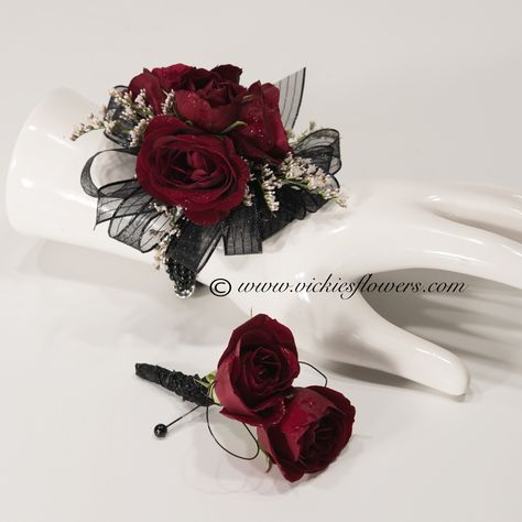 Prom Corsage Red, Burgundy Champagne Wedding, Red Corsages, Brighton Colorado, Prom Flowers Corsage, Black Corsage, White Corsage, Homecoming Flowers, Prom Corsage And Boutonniere