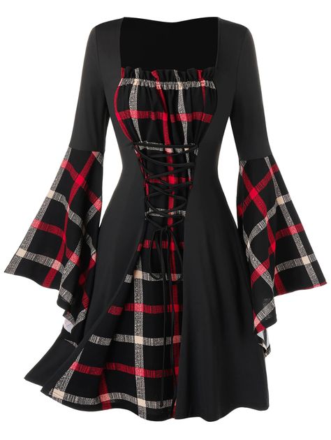 [44% OFF] Plus Size Lace Up Flare Sleeve Plaid Dress | Rosegal Casual Plus Size Dresses, Plus Size Dresses For Women, Plus Size Lace, Maxi Robes, Trendy Plus Size Clothing, Plus Size Maxi Dresses, Edgy Outfits, Cheap Dresses, Plaid Dress