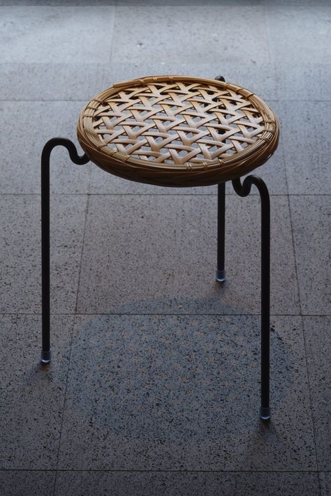 Japanese architecture firm Vegahouse has ventured into furniture design, using the traditional craft of bamboo weaving to make a minimal and modern stool. The Zalue stool features a black iron frame and a round seat that resembles the lid of a bamboo steamer. Bamboo Stool, Living Space Decor, Bamboo Canes, Bedding Inspiration, Japanese Bamboo, Flat Pack Furniture, Effective Marketing Strategies, Bamboo Crafts, Bamboo Furniture