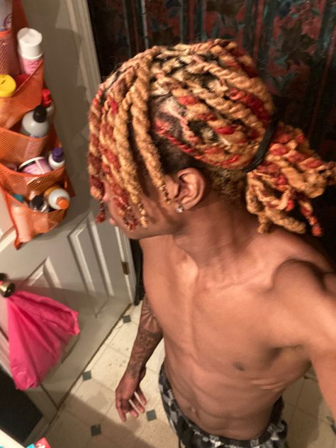 Dyed Hair Locs Men, Half And Half Hair Color Dreads, Dreads Dye Ideas, Hair Dye Ideas Men Dreads, Red And Blonde Locs Men, Dread Colors Men, Dread Hair Color Ideas, Dread Dye Ideas, Dreads Color Ideas Locs Men