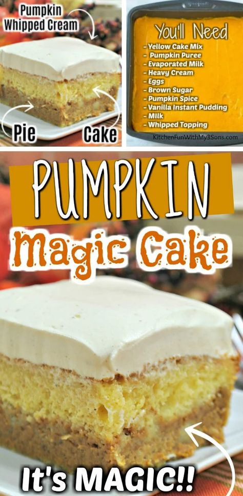 Pumpkin Magic Cake, Pumpkin Foods, Pan Desserts, Pumpkin Spice Sugar Cookies, Magic Cake Recipes, Pumpkin Magic, Baking Therapy, Cake Pumpkin, Yummy Fall Recipes