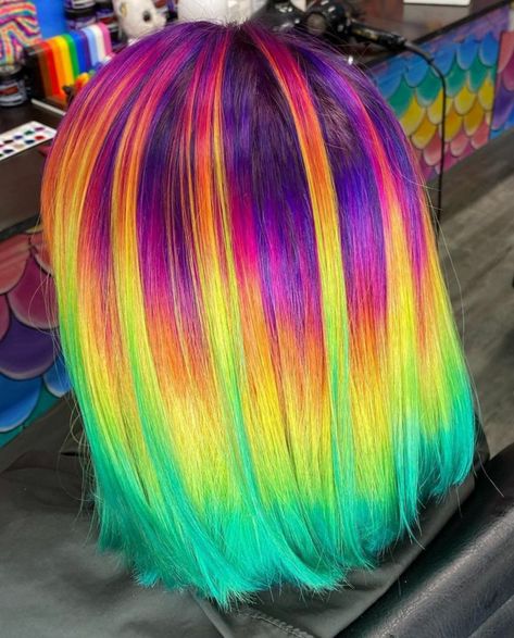 Prism Hair Color Placement, Holographic Hair Dark, Punky Hair, Hair Color Placement, Mirrored Costume, Hair Color Inspiration, Emo Hairstyle, Rainbow Highlights, Vivid Hair