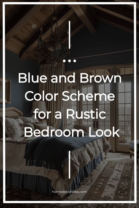 rustic bedroom in blue and brown Elegant Rustic Bedroom Ideas, Dusty Blue Color Palette Bedrooms, Brown And Navy Bedroom, Brown And Blue Bedroom Ideas, Earthy Blue Bedroom, Brown Blue Bedroom, Teal Bedroom Accents, Brown And Blue Bedroom, Rustic French Country Bedroom