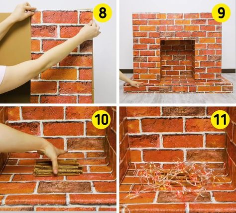 How to Make a Decorative Fireplace From Boxes How To Make Fireplace, Faux Fireplace Diy Cardboard, Fake Fireplace Diy, Fireplace Box, Cardboard Box Diy, Diy Christmas Fireplace, Wallpaper Fireplace, Fake Fire, Cardboard Fireplace